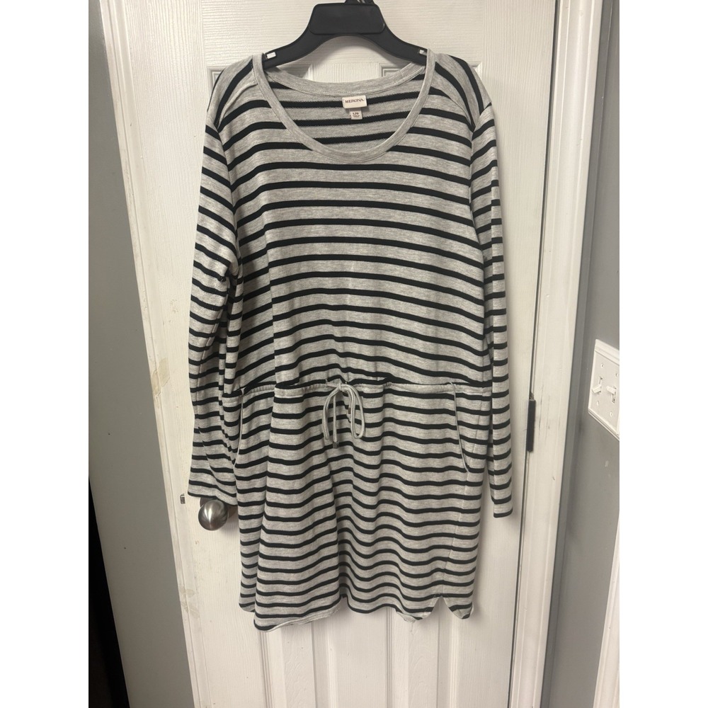 Merona Gray/black Striped Sweater Dress Cinch Waist Pockets Size Large